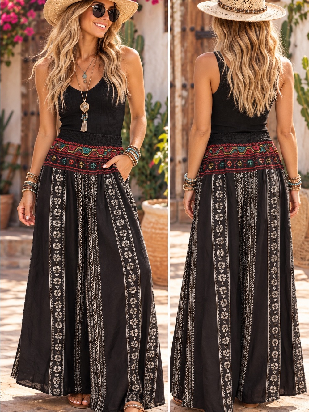 Johnny Was Linen BohoBlack Maxi Skirt with Embroidered Multicolor Waist 13/17 M